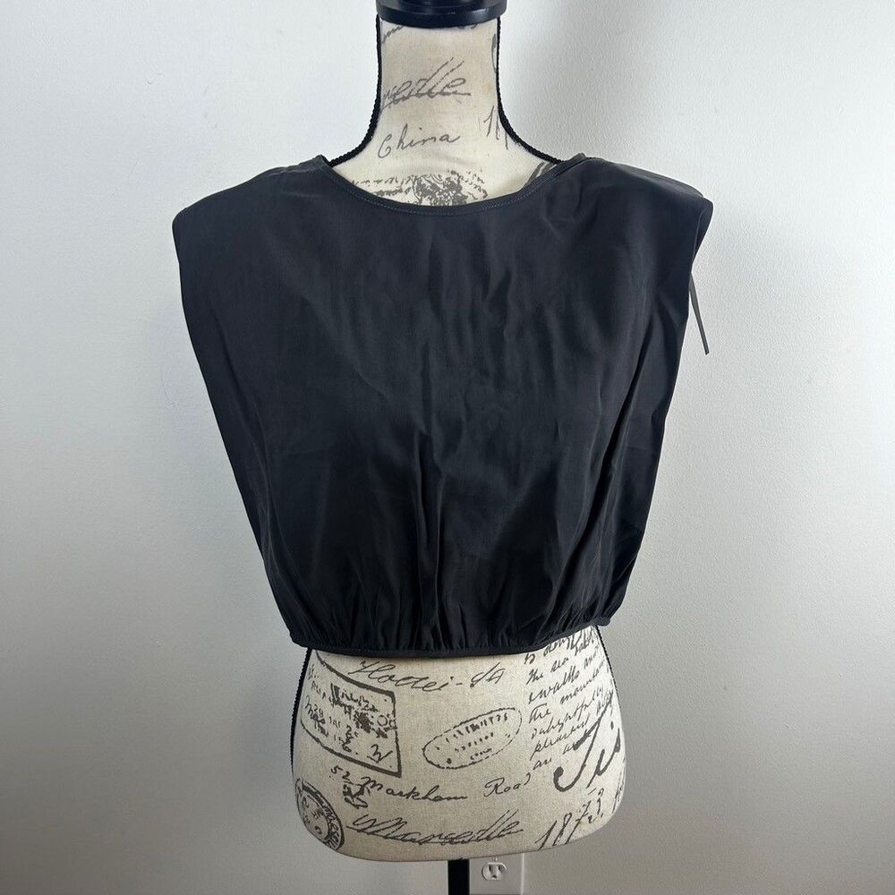Know One Cares Womens Large Gray Cropped Padded Shoulder Blouse Open Back Tie